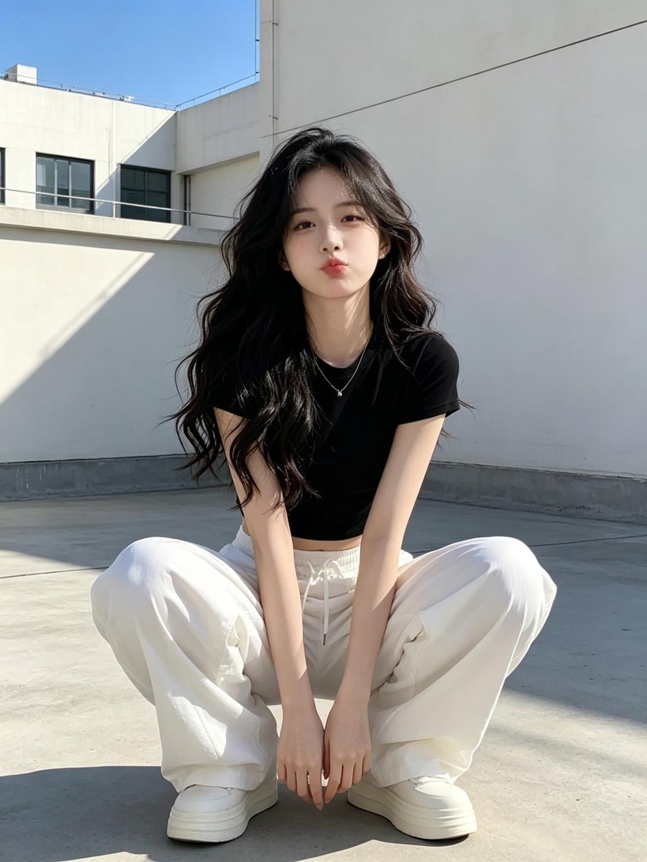 元气少女穿搭指南👗👖👟，简约时尚，轻松出街！黑色短袖高腰T恤勾勒出利落的腰