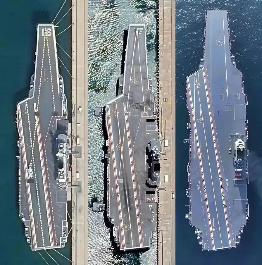 俯视图看福建舰和辽宁舰、山东舰比起来，感觉8万余吨的排水量中，余出来的吨位数不少