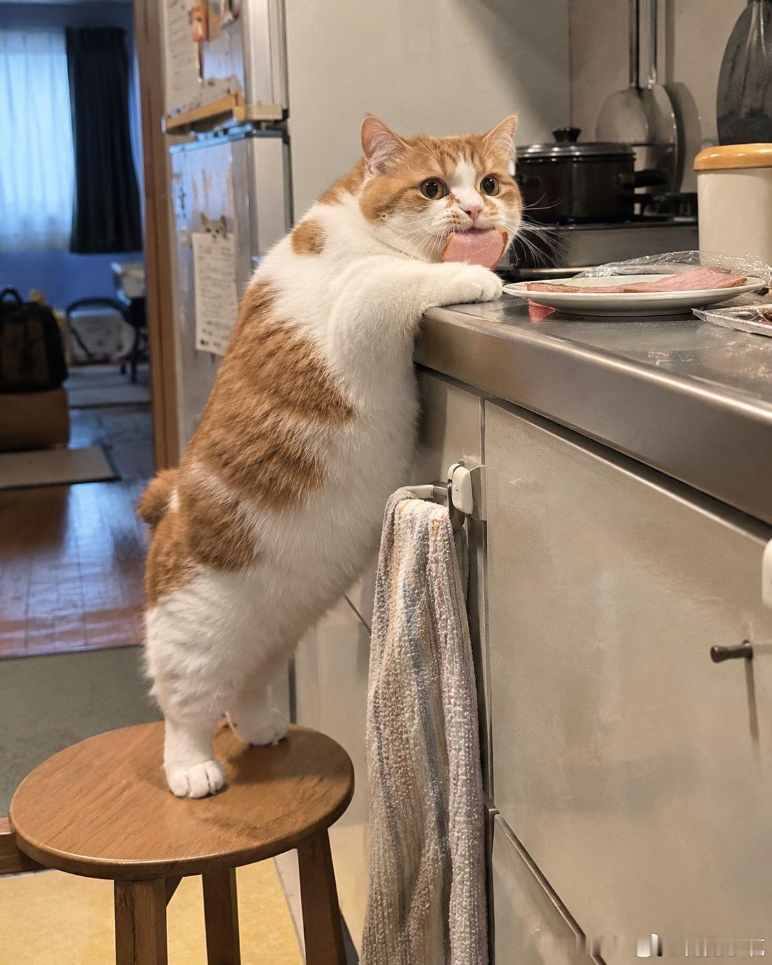 这只任性的矮脚猫，又偷肉吃了！​​​