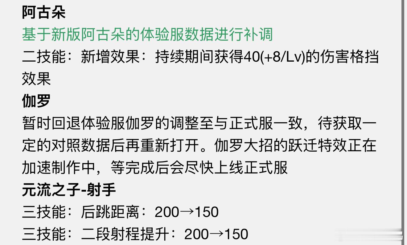 体验服更新阿古朵/元流射手/曜调整伽罗大招跃迁特效制作中完成后会尽快上线正式服王