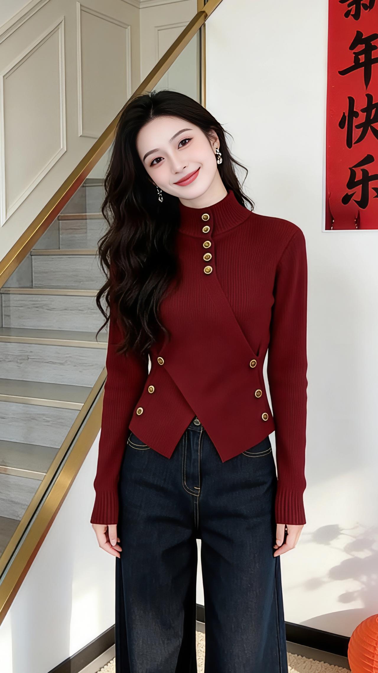 红韵织暖酒红色的针织衫似揉了冬日的暖阳，金扣错落成灵动的音符，在衣摆处缀出