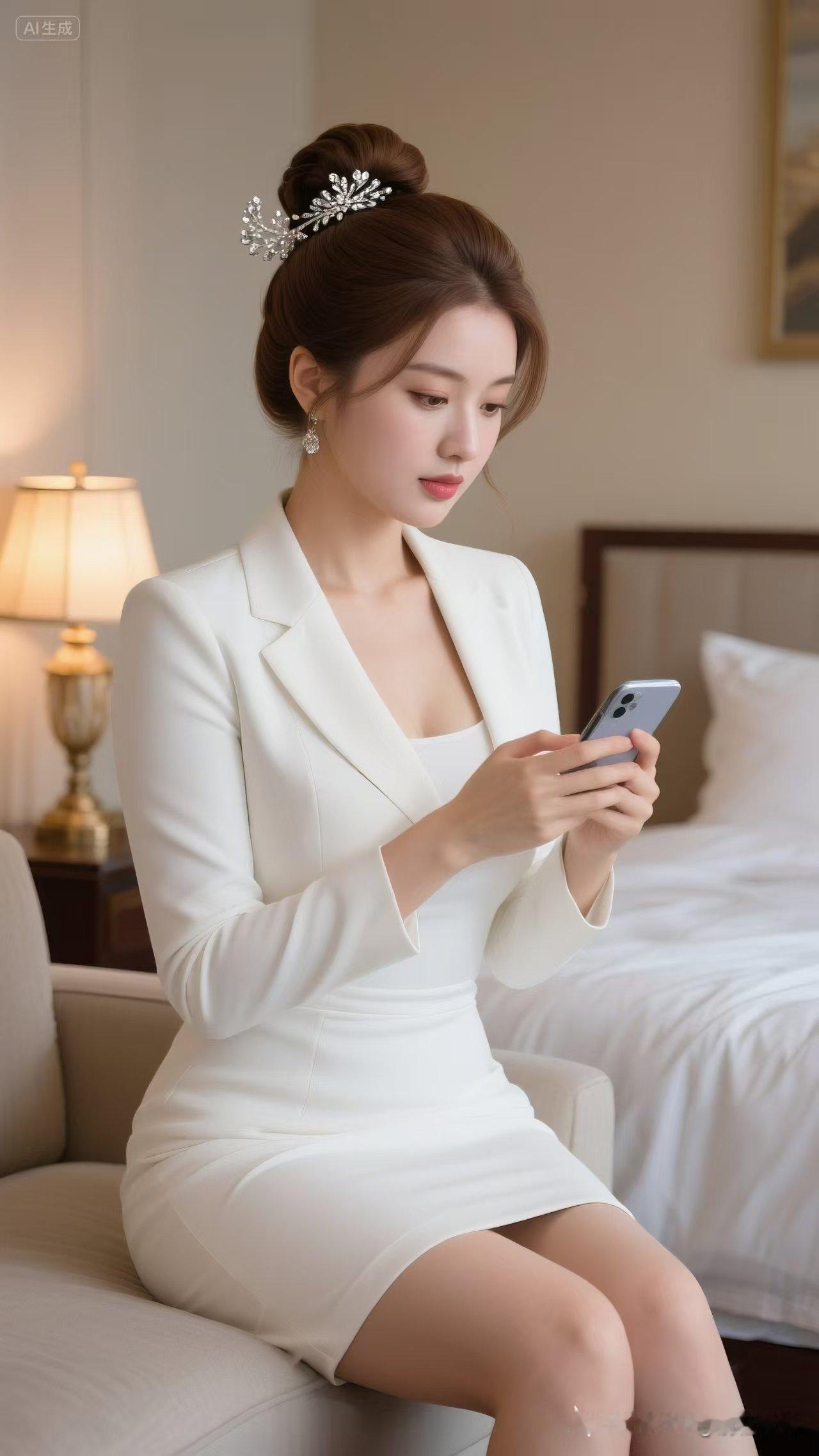 精致美人的优雅瞬间，白裙女神专注刷手机，精致发饰与温柔侧颜，美到让人屏息。