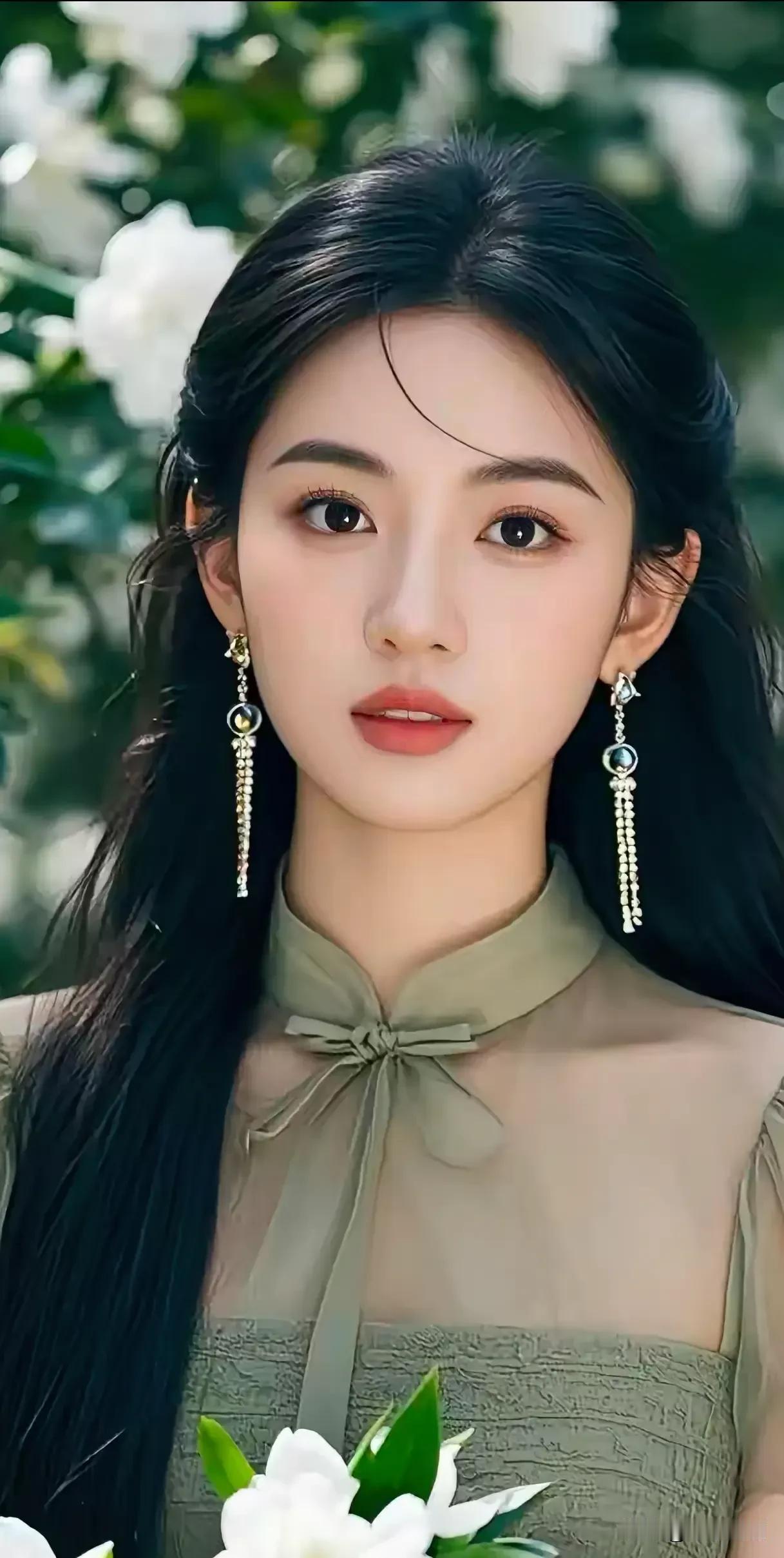 茶绿纱裙缠着凉意的柔，玉簪领系着浅淡的雅。耳坠垂成碎光的链，笑意比白瓣更先浸了春