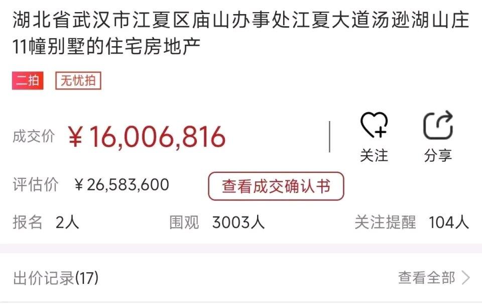 武汉这波拍卖真的把我看傻了。11栋临湖的独栋湖景别墅，单套面积最小都有220平