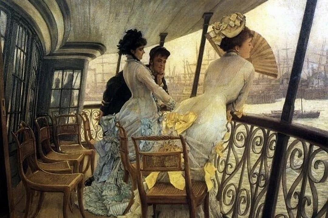 法国画家詹姆斯·迪索油画作品欣赏。他笔下的女子永远衣着精致，蕾丝花边、缎面裙摆的
