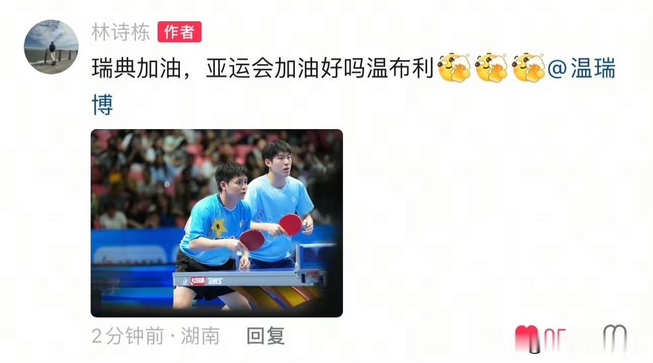 林诗栋想赢的心已经到达顶峰，他给温瑞博留言，说瑞典大满贯和亚运会继续努力。