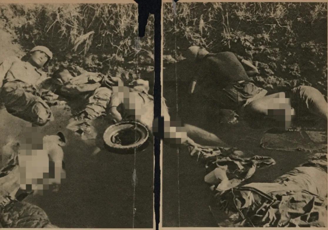 这是1937年12月，南京郊区一个水塘里的血腥场景，一个小小的水塘被鬼子丢进去三