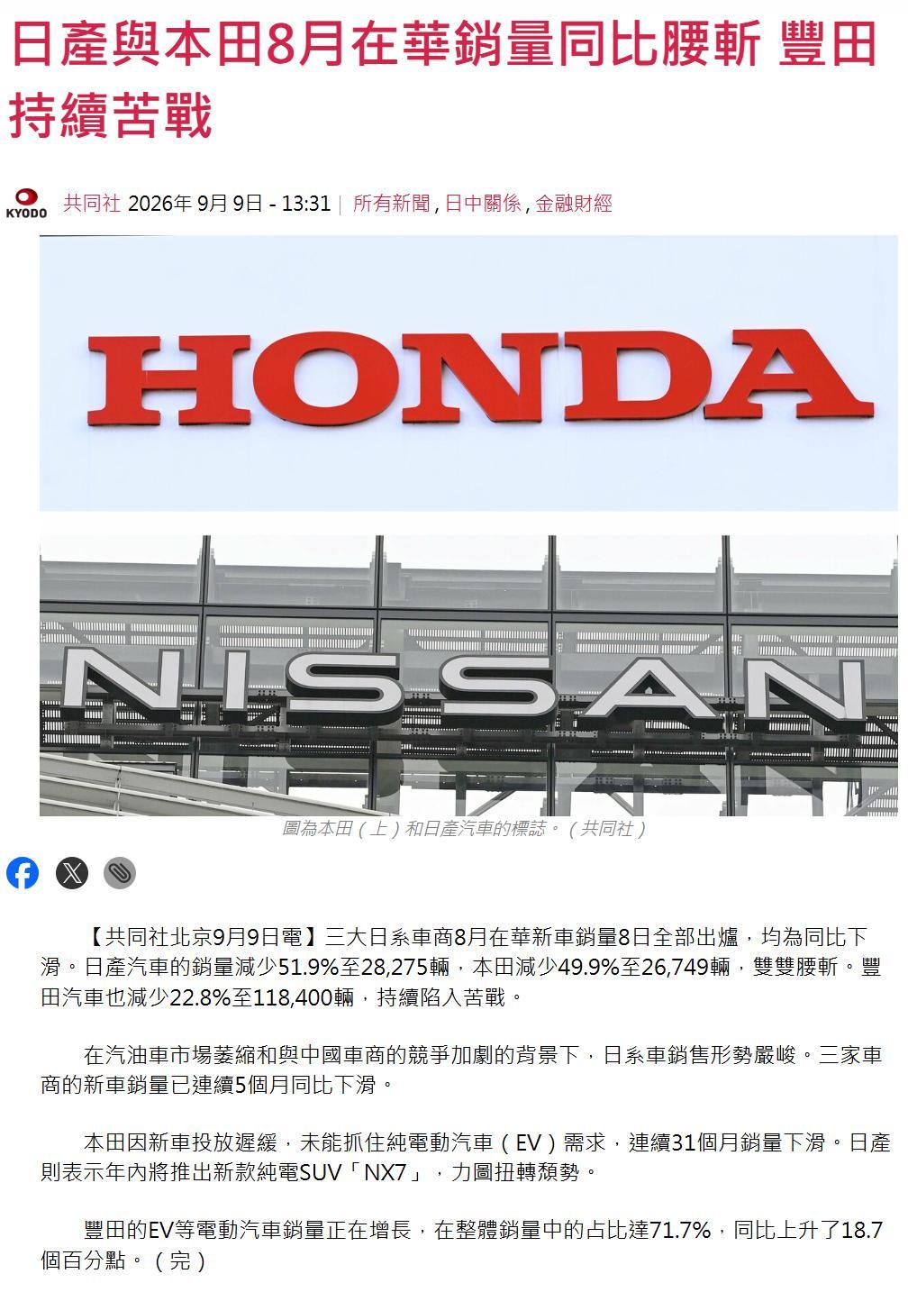 8月日系车在华销量日产28275辆，同比跌51.9%；本田26749辆，同比跌49.9%；丰田118