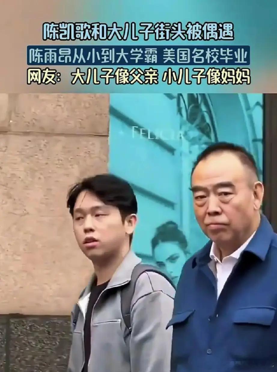 陈凯歌和大儿子在街头被偶遇，网友：大儿子像父亲，小儿子像妈妈。大儿子陈雨昂从小到