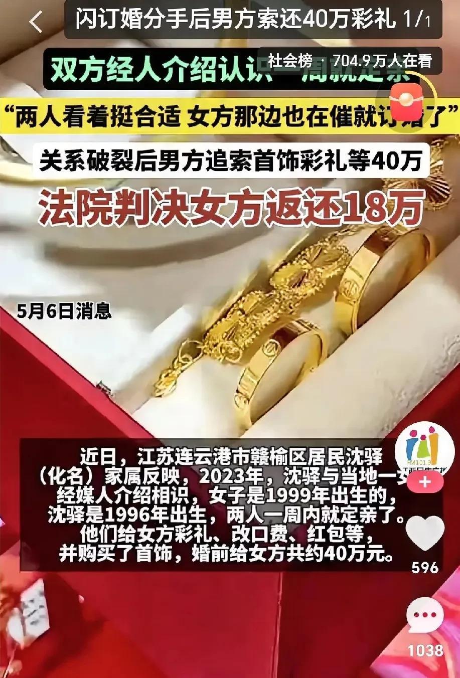 闪订婚约，本是奔着幸福去，结果成了麻烦事儿。江苏连云港有对男女，经媒人牵线，认识