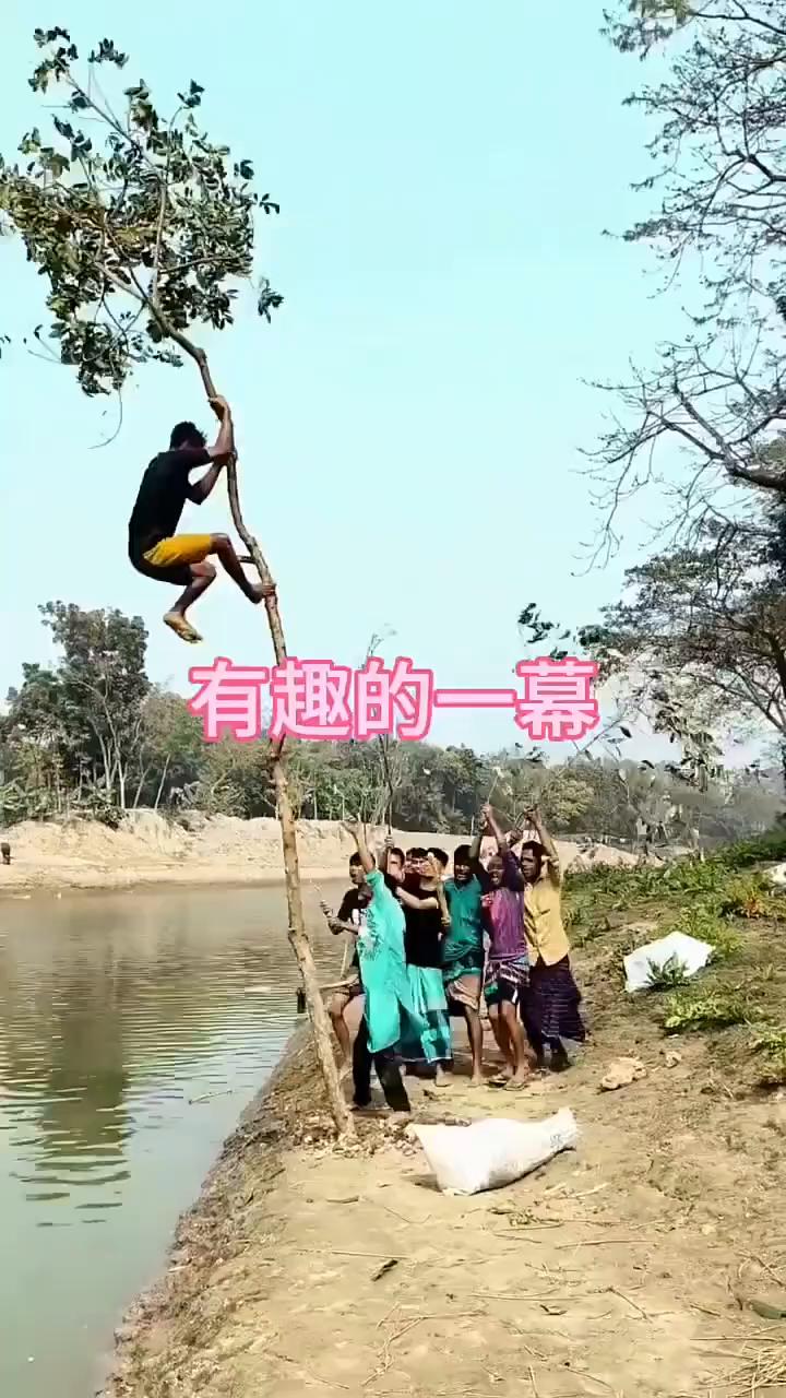 有趣的一幕。注意看，眼前这位正在被一群人追逐的小伙看见河边有一棵树时，便毫不犹