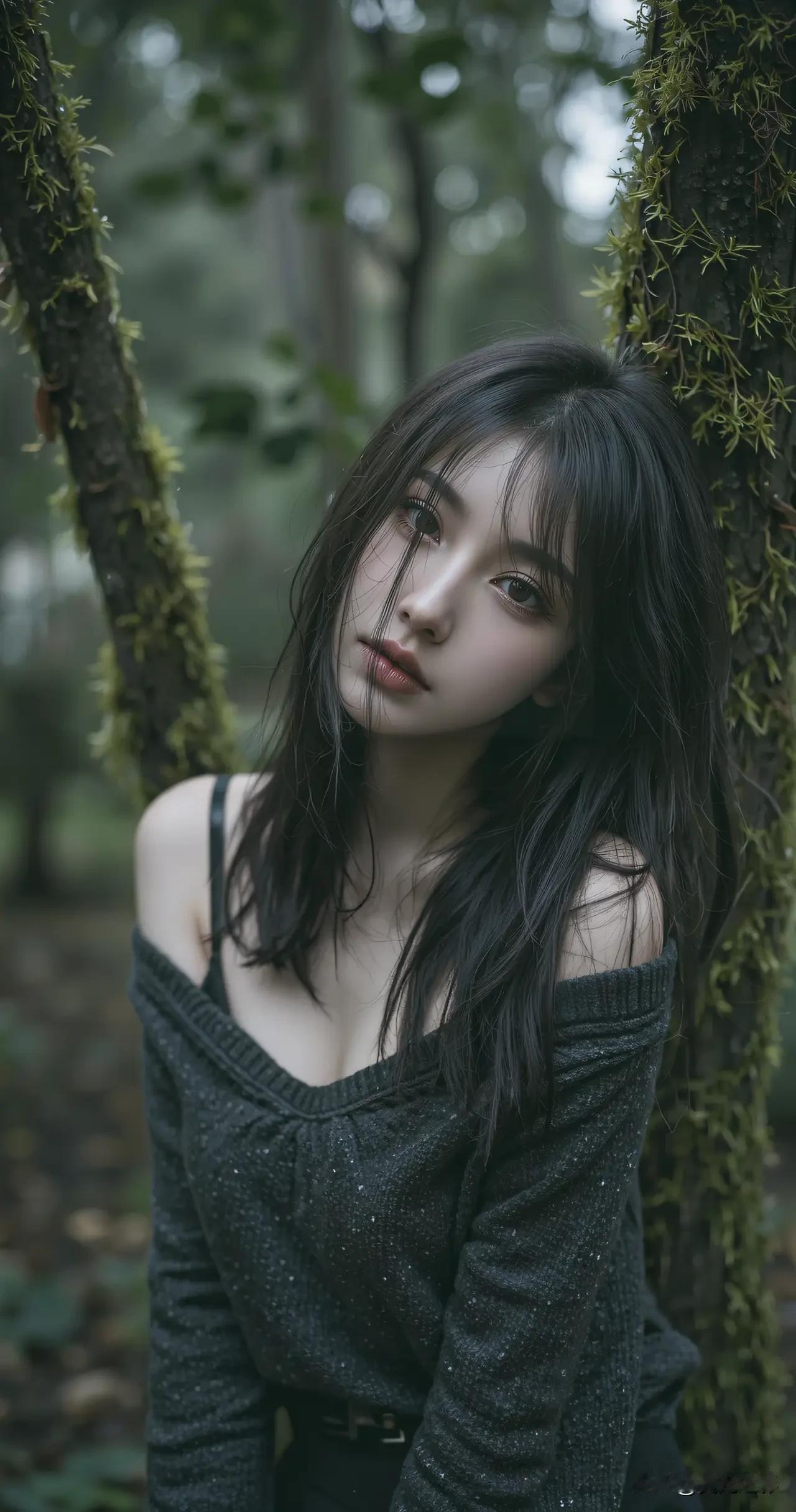 光之影森林中的神秘少女，黑发飘飘，引人入胜。梦幻森林少女森林仙境少女