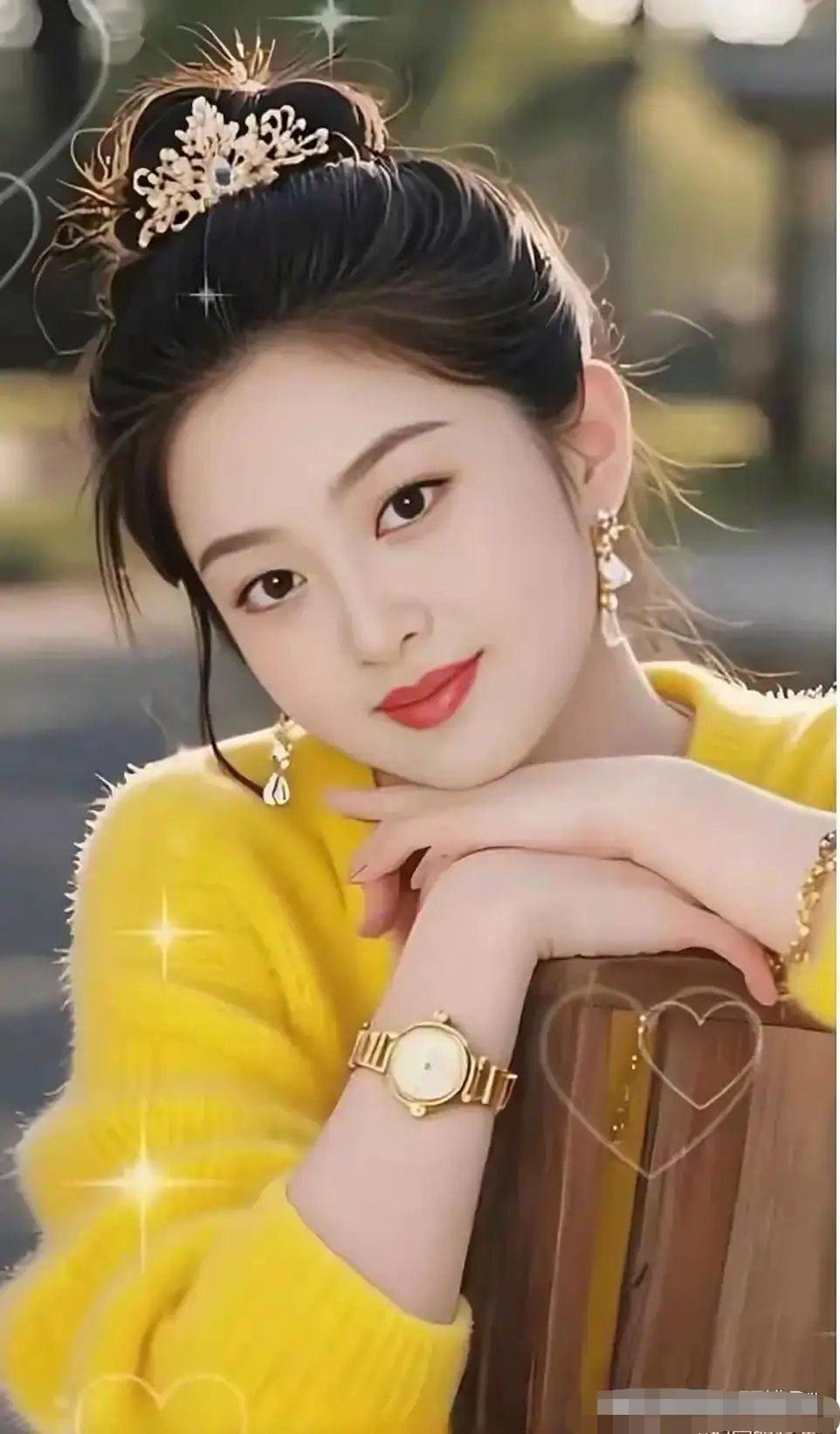 元气少女，复古发饰，黄色毛衣，甜美笑容，优雅气质，时尚穿搭