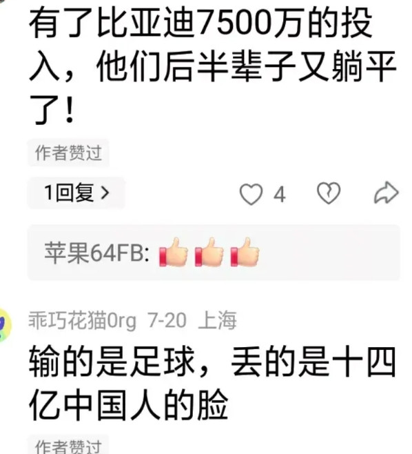 目前中国人全民抵制中国男足的赞助商，导致比亚迪暂停了和足协签订的赞助中国男足的合
