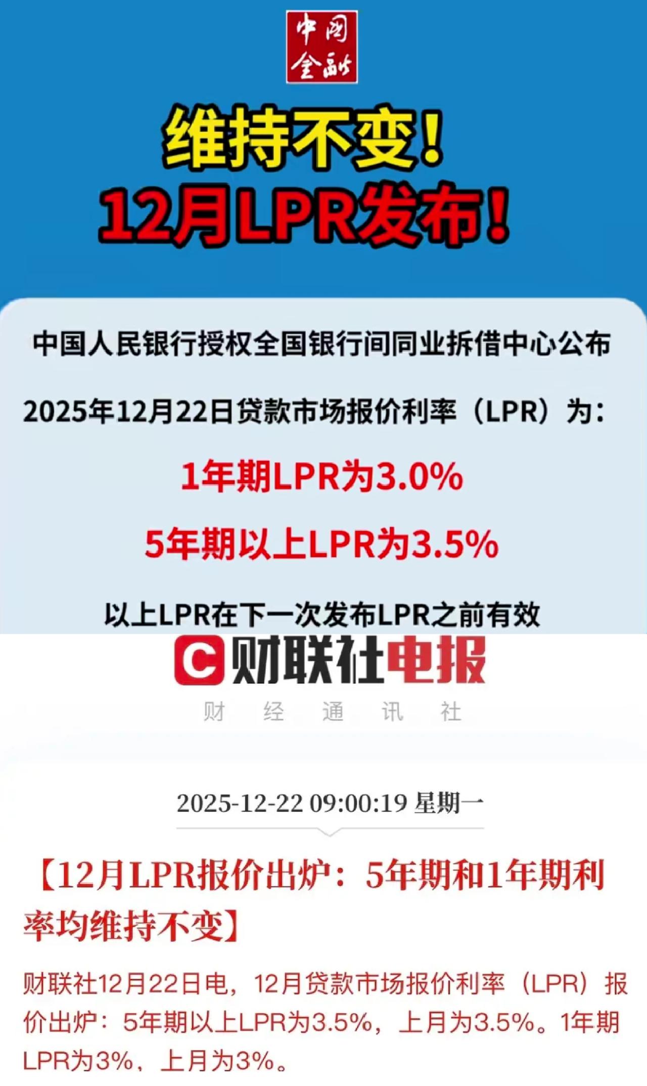 果不其然，12月不降息！今天12月份LPR报价结果出炉一年期和五年期利率
