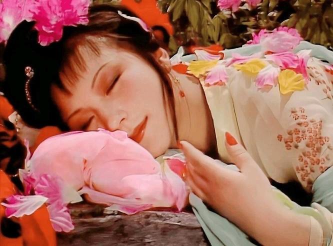 以前翻家里泛黄的旧《红楼梦》，翻到史湘云醉卧芍药那一页，盯着看了好久。画里