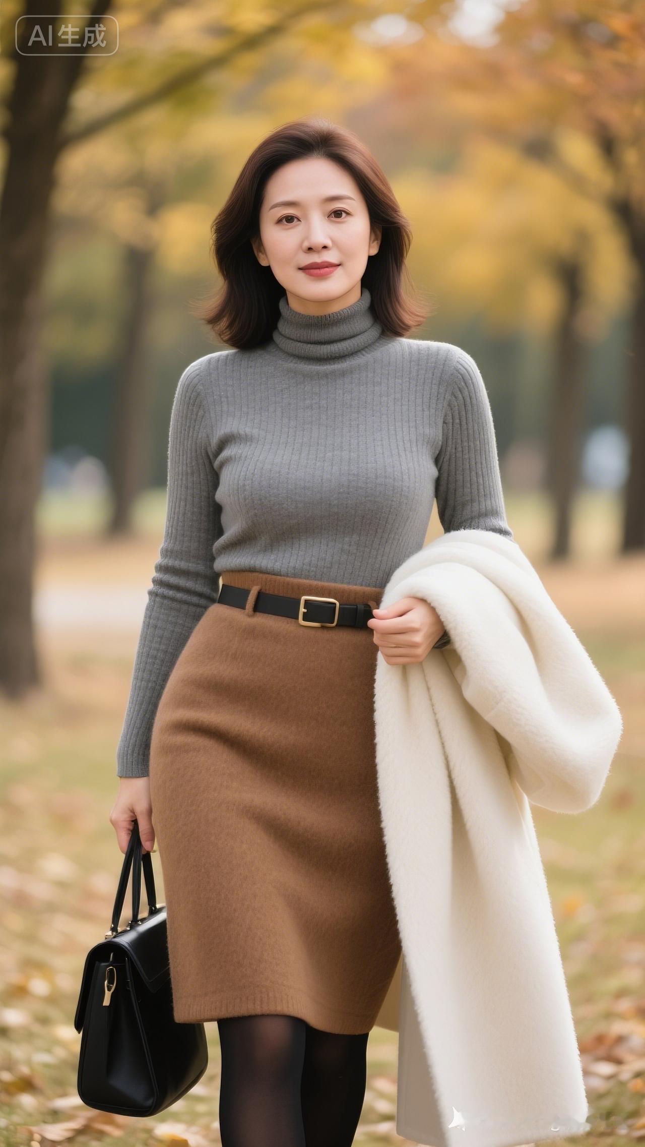 秋日穿搭指南：灰色高领毛衣+棕色半身裙，温暖又时尚！