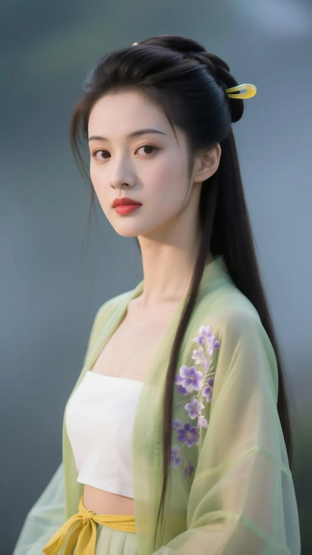 古风少女，清新脱俗，淡雅妆容，发簪点缀，优雅动人。