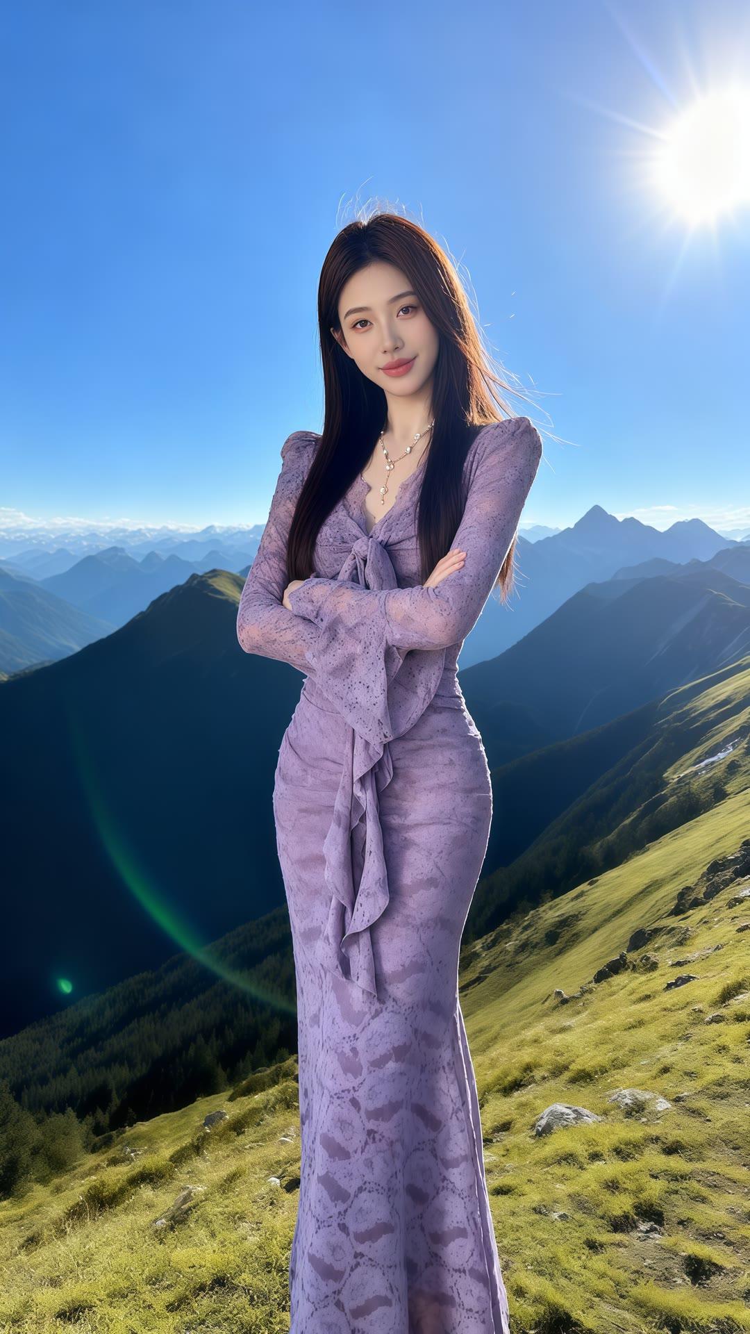 山间仙子，紫裙飘逸，阳光洒落，美不胜收！