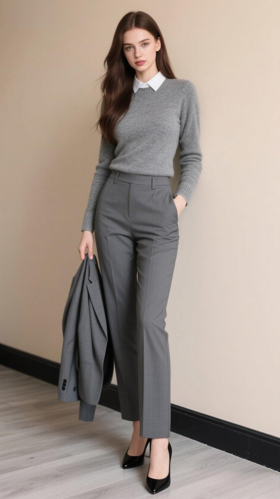 优雅职场风穿搭，灰色西装套装搭配黑色高跟鞋，尽显干练气质！美丽不冻人,怎么穿好看