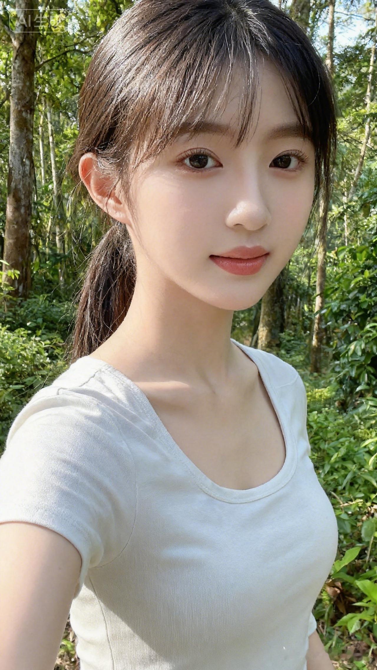 初中少女冷白皮通透自然，发丝清晰。置身广东林间随性自拍，构图随性无刻意布光，简约