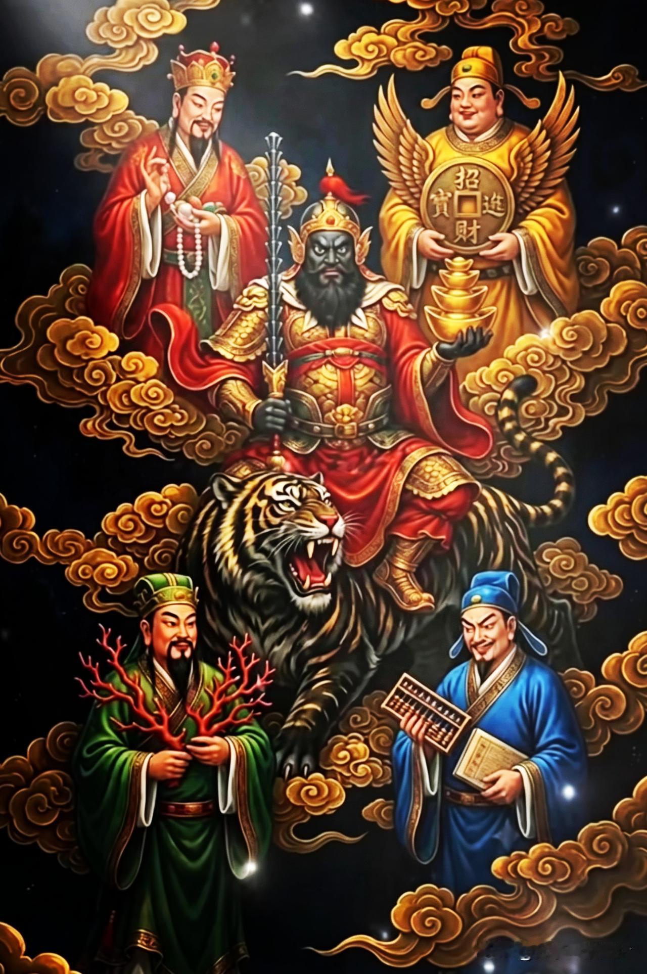 虎坐神威迎百福，五路财神纳千金。