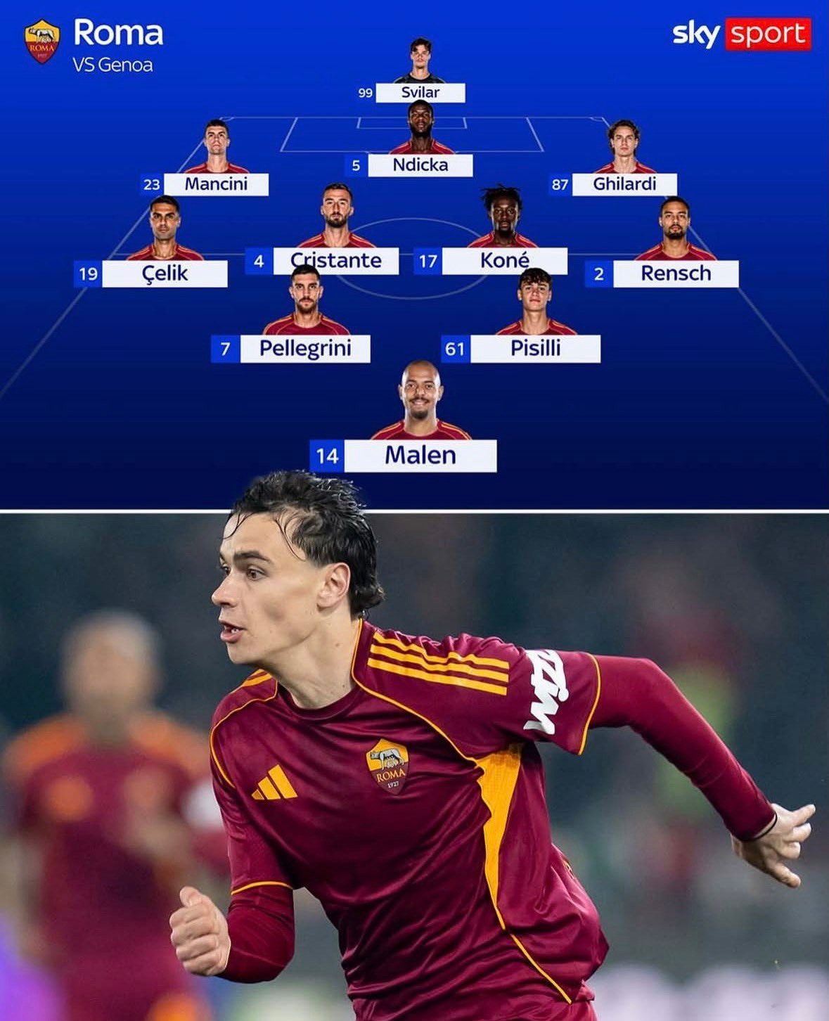 Sky预测首发，吉拉尔迪回归，伦施顶替韦斯利踢左路，皮西利继续踢左前腰