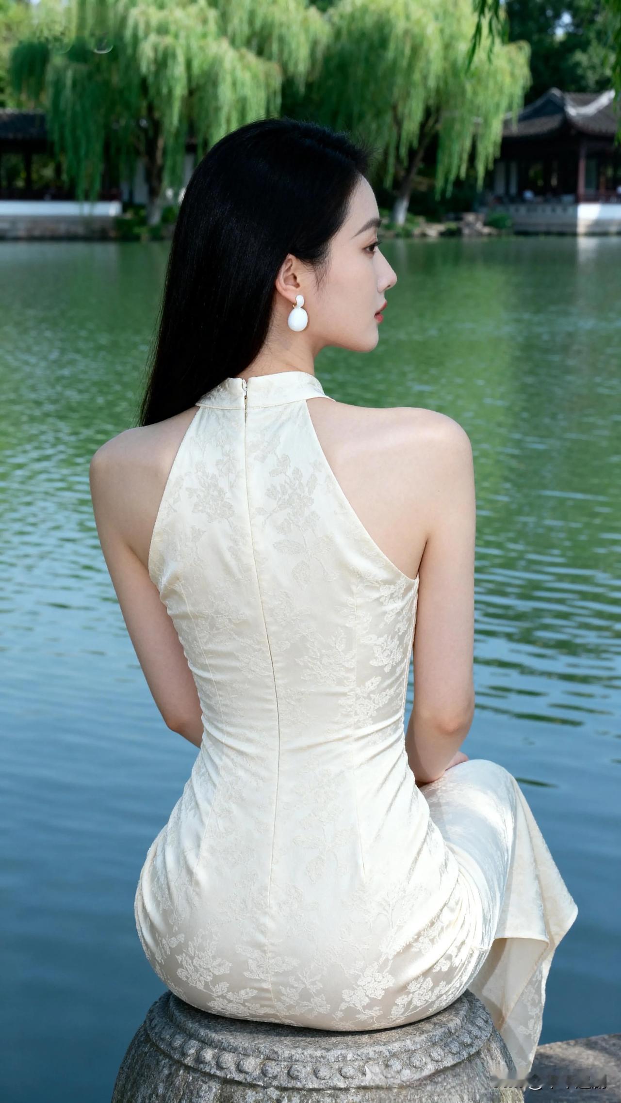 烟水亭台作衬，米白旗袍裹着淡花暗纹，露背的弧度里漾着江南的柔。耳坠垂成一瓣月，风