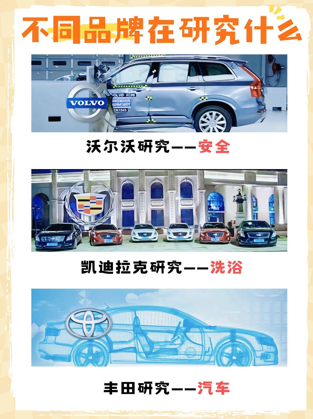 车企研究方向太真实了沃尔沃死磕安全，丰田专心琢磨造车。最绝的还得是凯迪拉克，直接把大家熟知的梗当成了