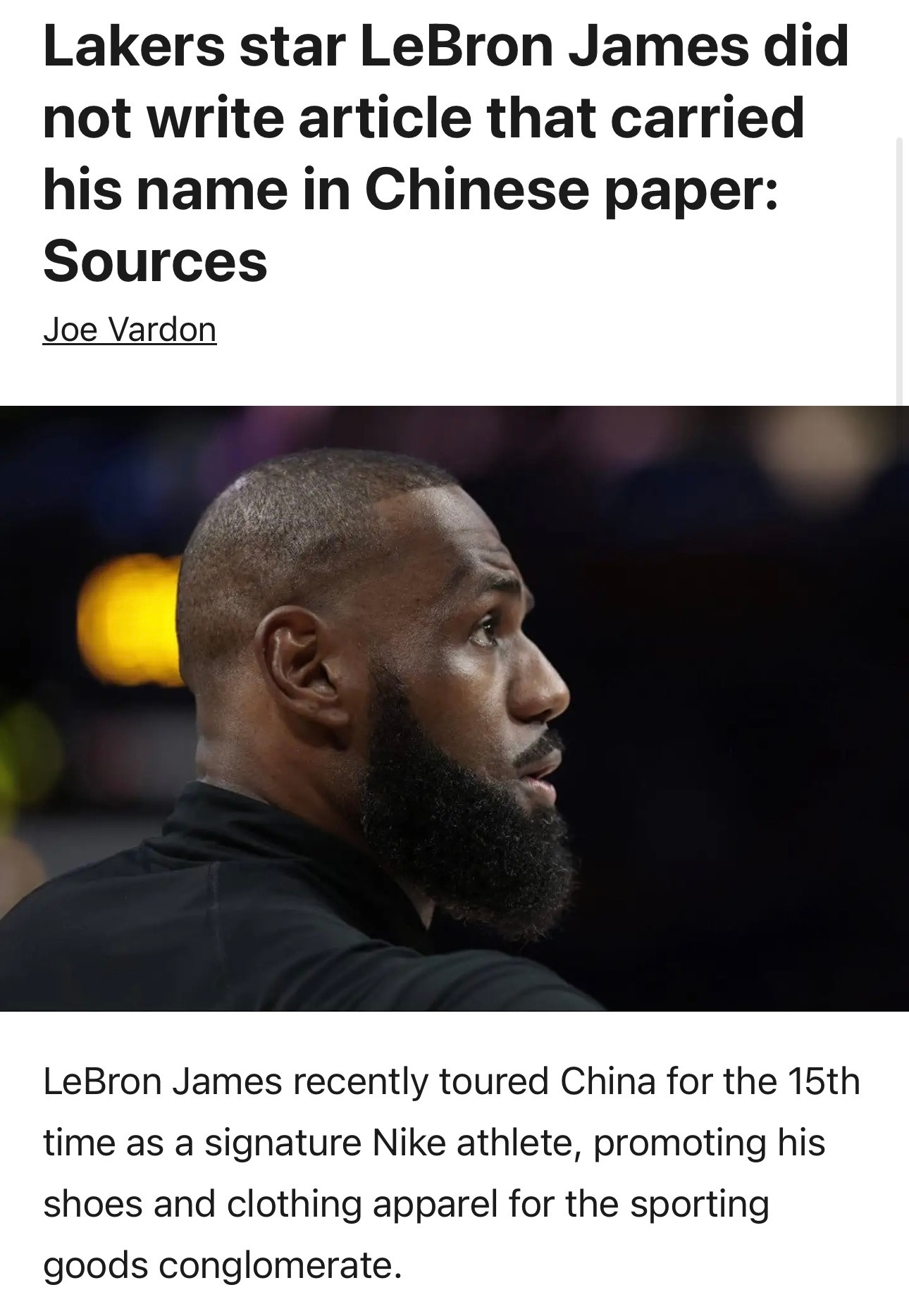 TheAthletic记者JoeVardon报道詹姆斯人民日报撰文一事：“