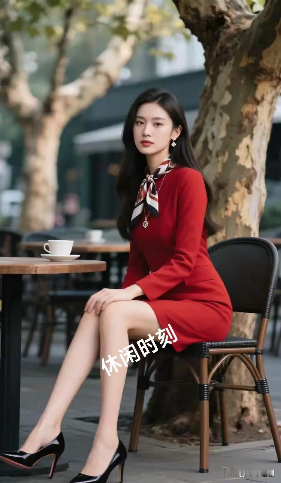 梧桐树下的咖啡香裹着秋意，正红色连衣裙把松弛感揉进精致里。偷半刻闲，让风也慢下来