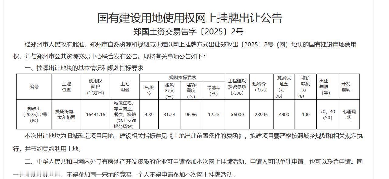 城市观察员郑州火车站核心地块挂牌转让，总面积16441.16平方米（约24.66