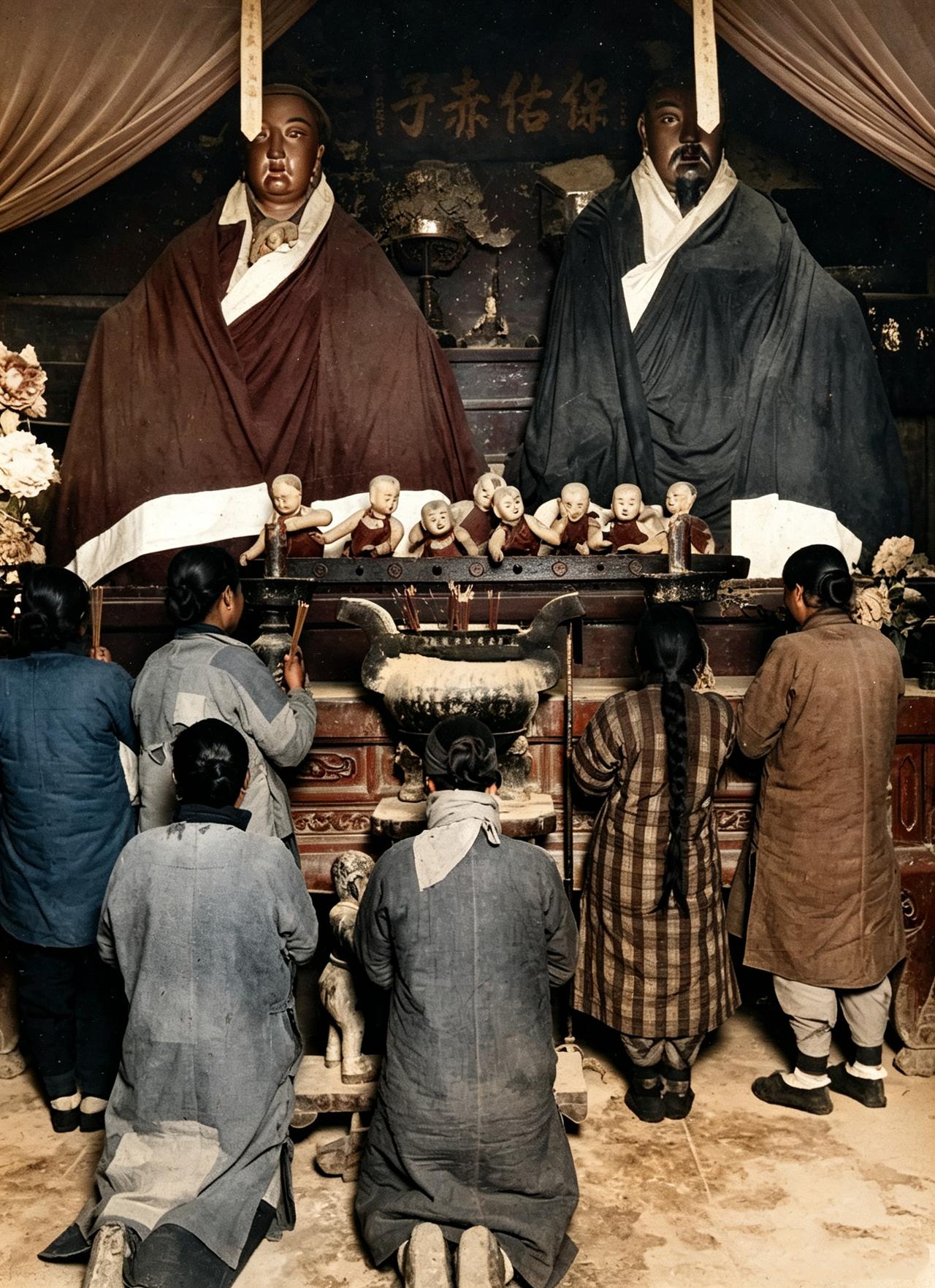 这是上世纪二十年代，老北京一座寺庙里求子的情景，又被称为“拴娃娃”。一年到头，这