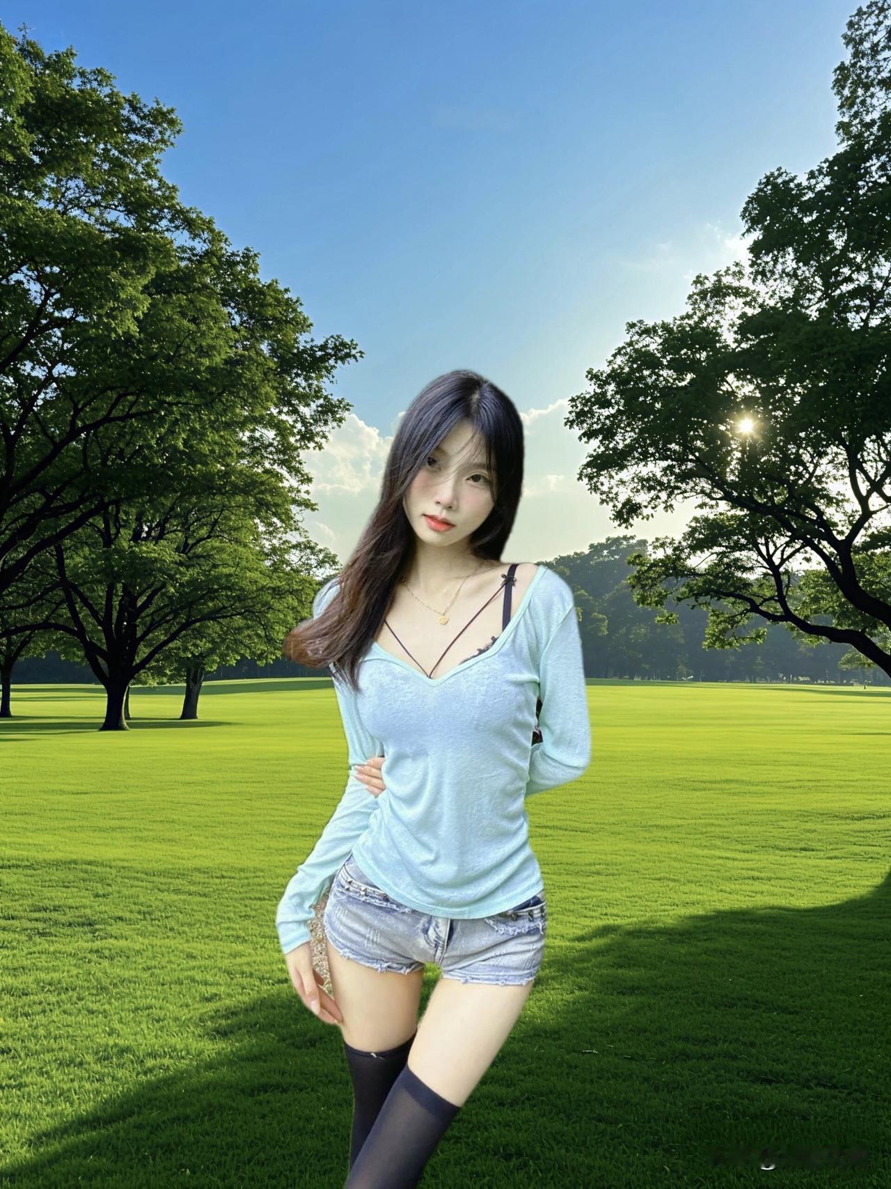 阳光明媚的公园里，少女轻倚树旁，微风拂面，尽显青春活力。