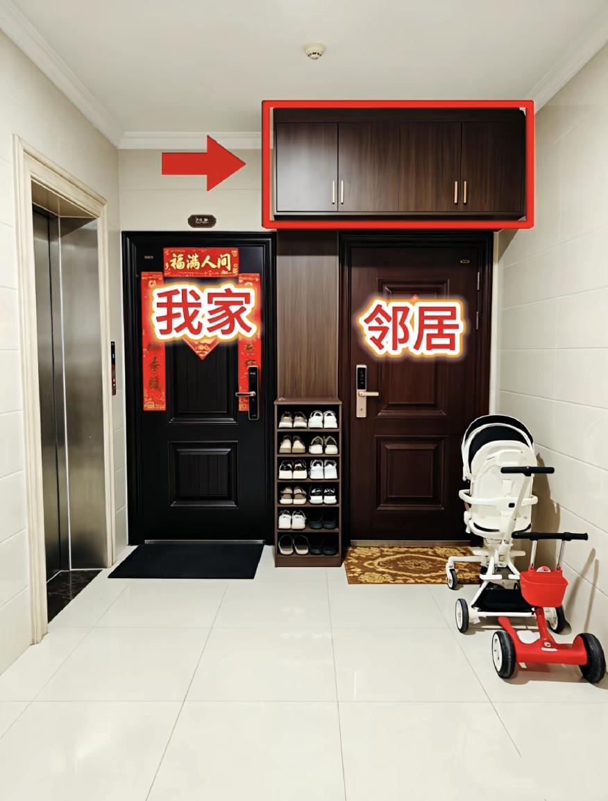 我家那个位置挺吃亏呀，邻居家占的满满当当，又是鞋柜，又是婴儿车，连门顶上还打个