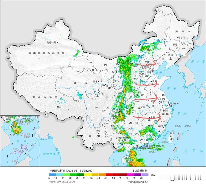 【河北暴雨预警】从雷达图上看，一条纵贯我国南北的千里雨带正在向东移动，这足以体现
