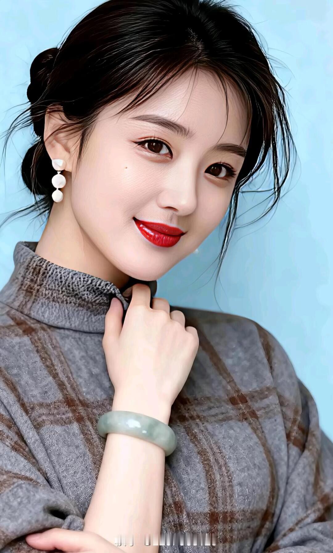 温柔甜美的少女，复古格子毛衣，清新自然。