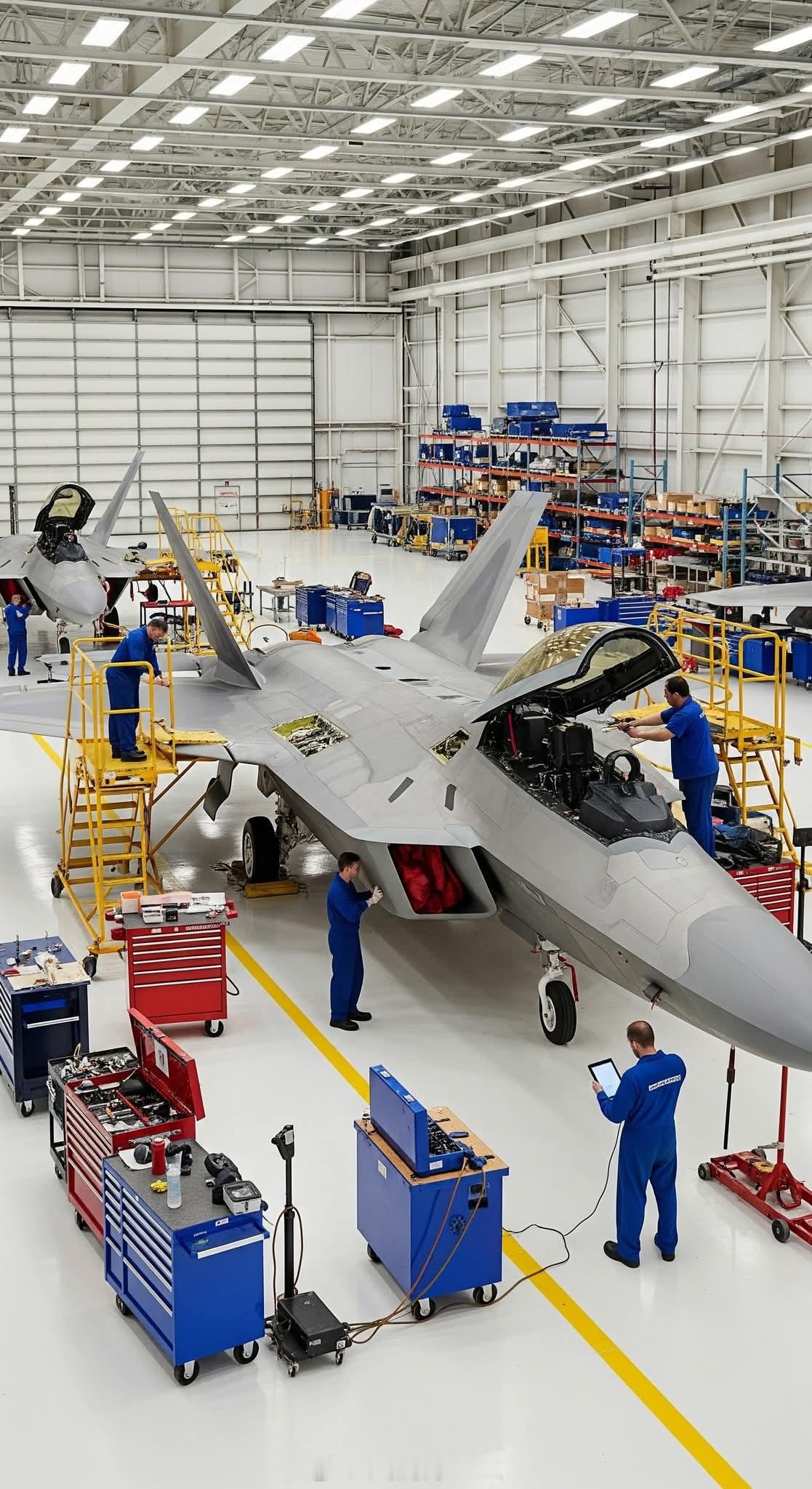 F-22在维护。纵然敌人的战机够先进，但他们遇到朝鲜空军，无不吓得屁滚尿流。无不