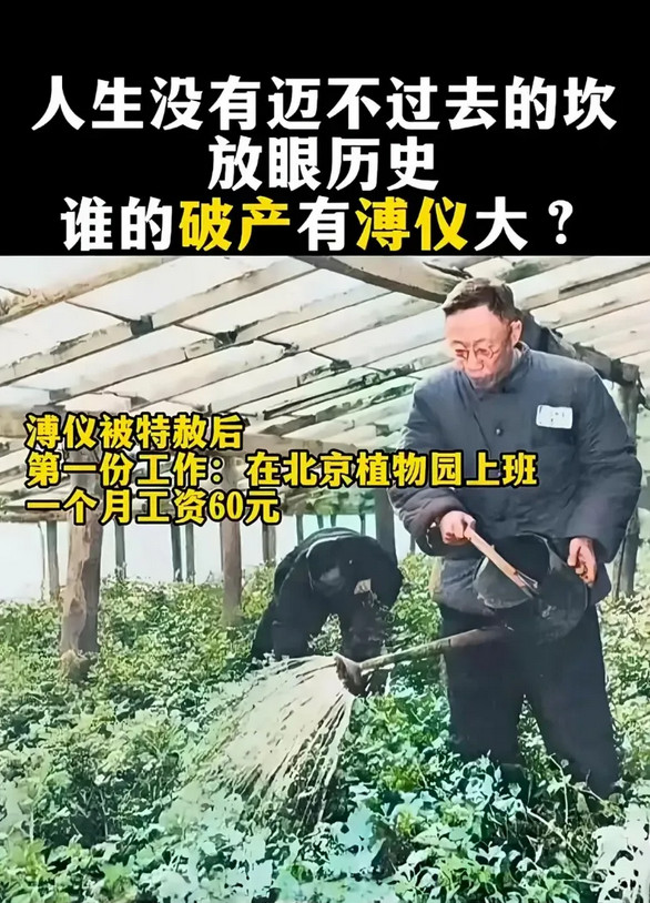 溥仪被特赦之后，得到的第一份工作是在北京植物园任职，当时月薪60元。对溥
