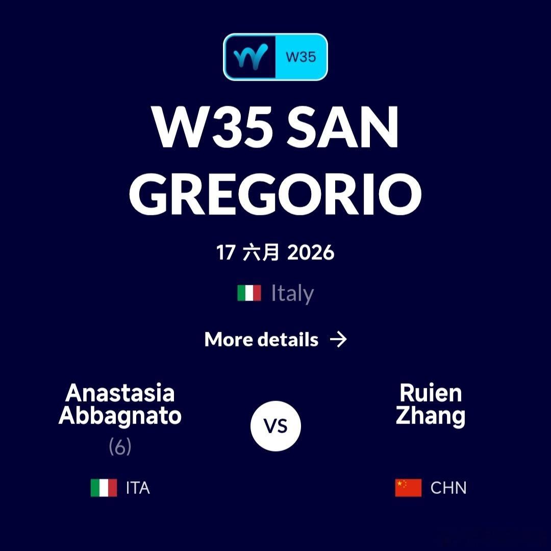 W35圣格雷戈里奥站🇮🇹女单第1轮张瑞恩🇨🇳3-6/6-3/6-1逆转战