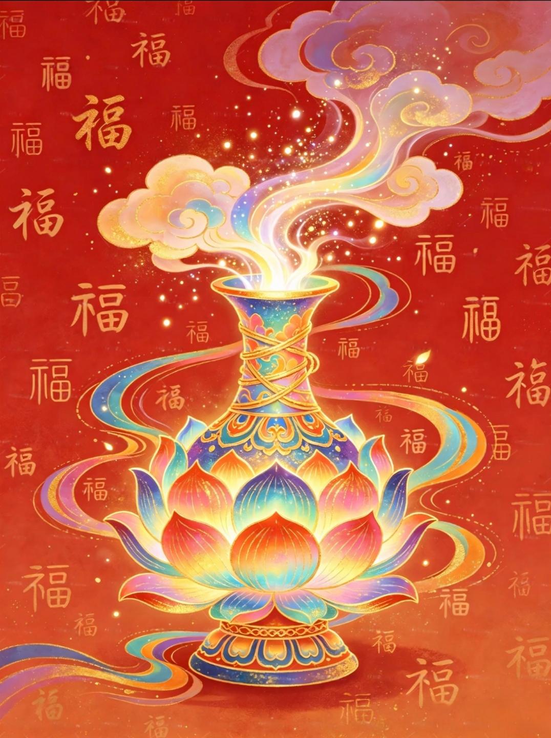 祥云缭绕，莲瓶轻吐瑞气，揽一捧斑斓福运，喜乐满盈。传统文化传递正能量绘画祝