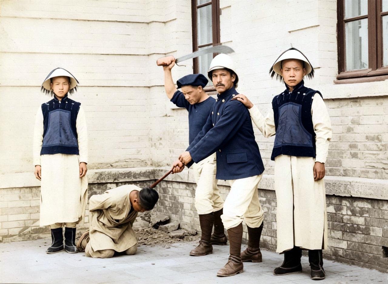 1906年，北京法国兵营内。两名法士兵正摆拍模拟庚子时期处决中国人的场景。为配合