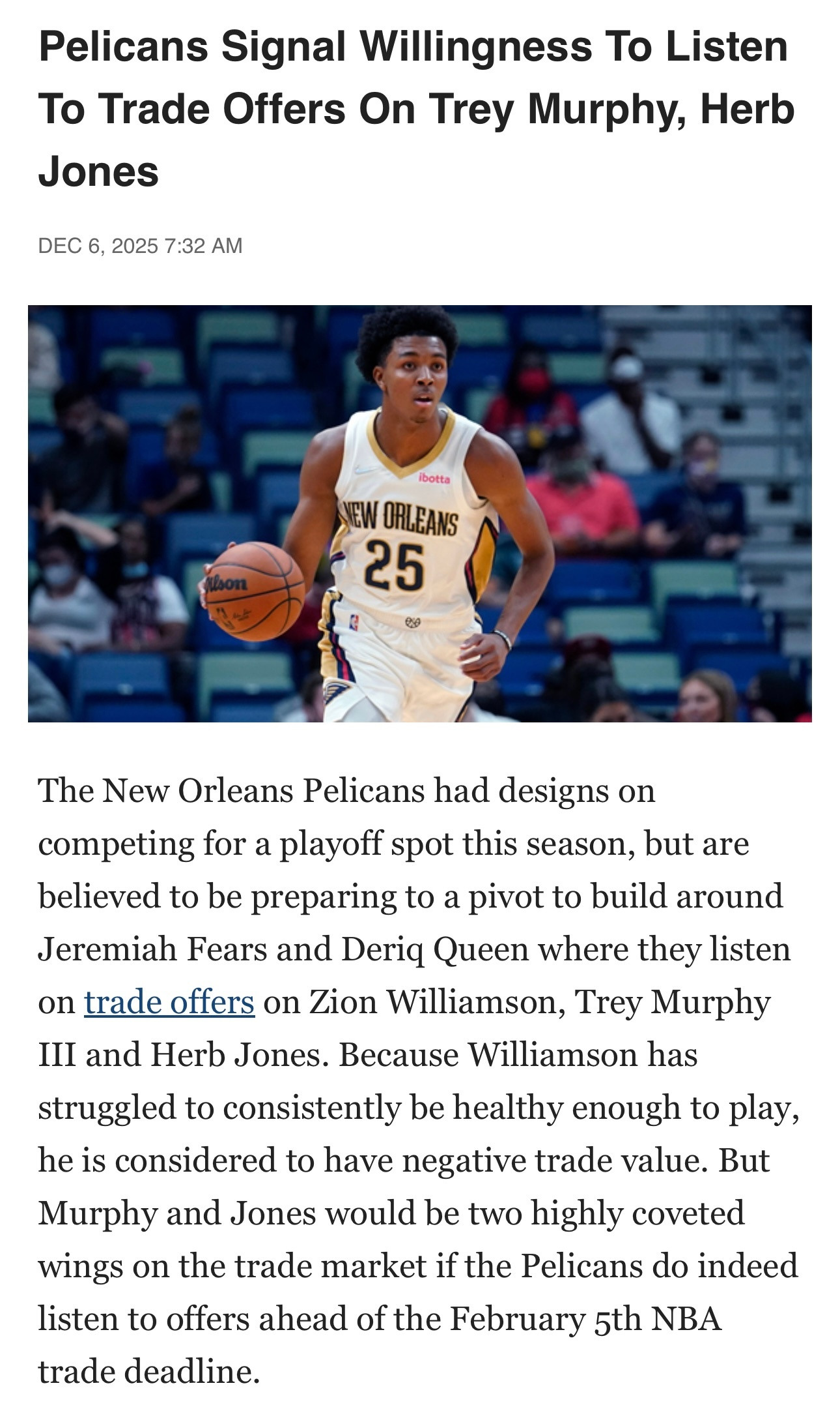 记者JakeFischer：鹈鹕愿意听取关于特雷墨菲和赫伯琼斯的交易报价。原本