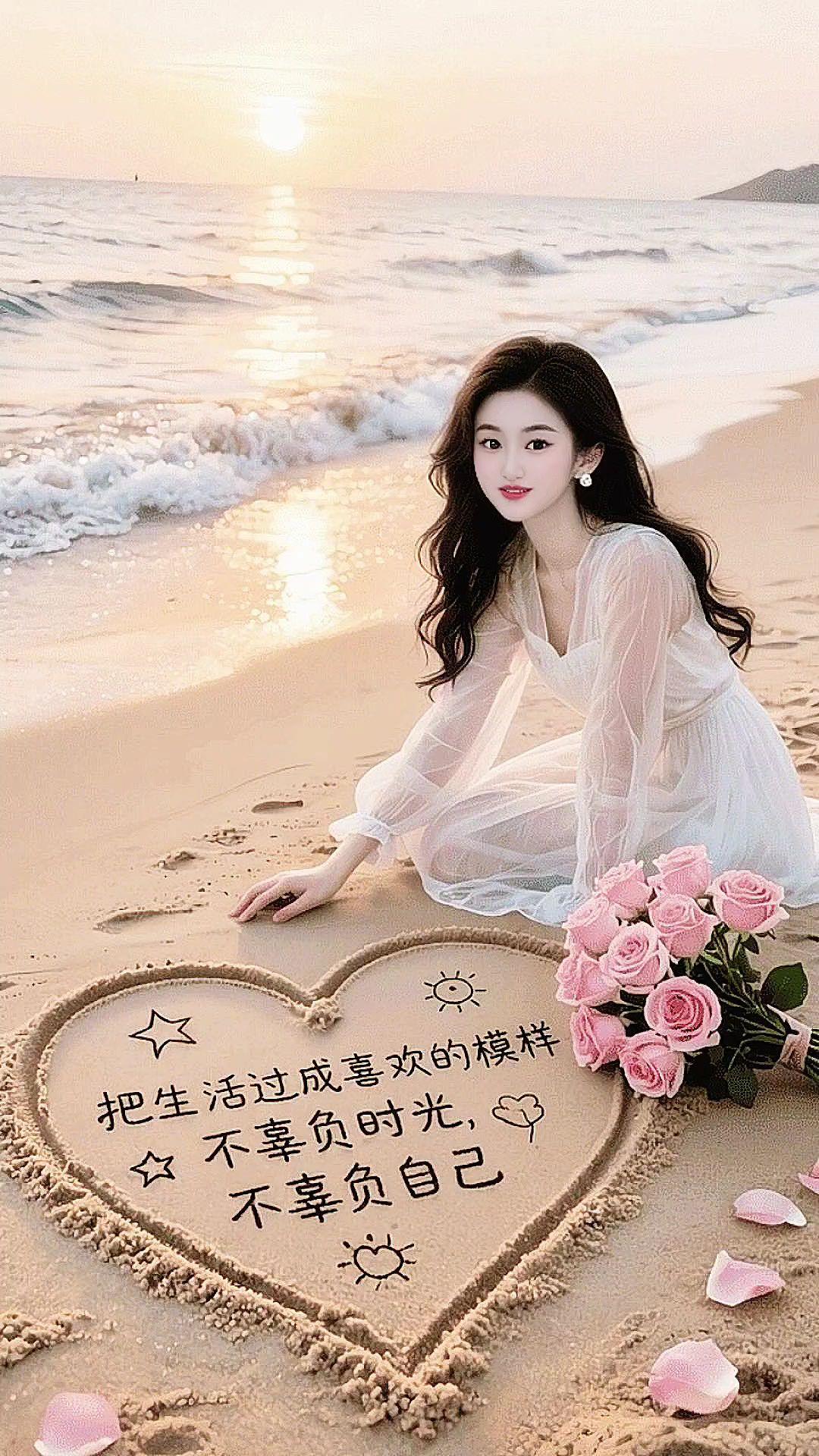 浪漫沙滩女孩沙滩美女今日限定浪漫海滩画爱心心中有爱