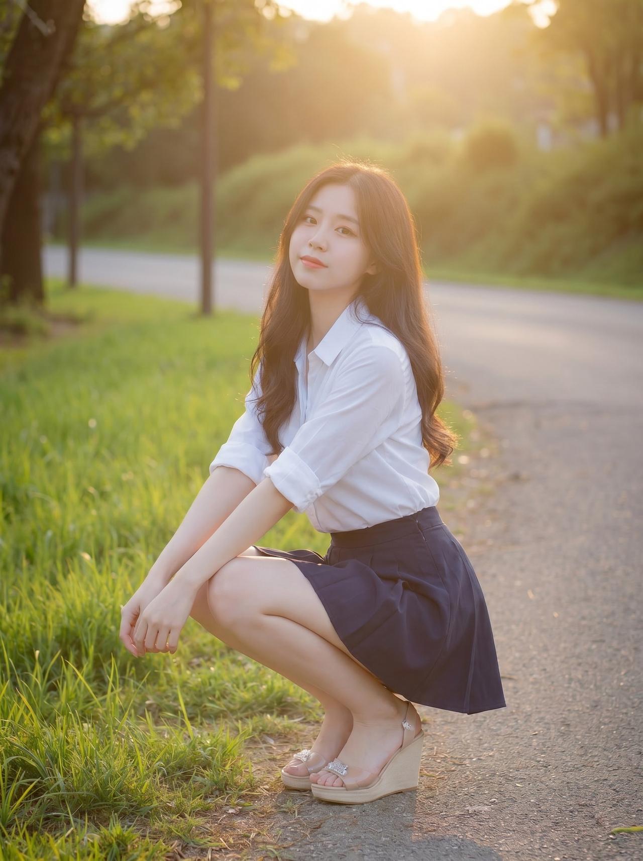 青春洋溢的校园时光，白衬衫与蓝裙的完美搭配，阳光洒在发梢，少女情怀满满。