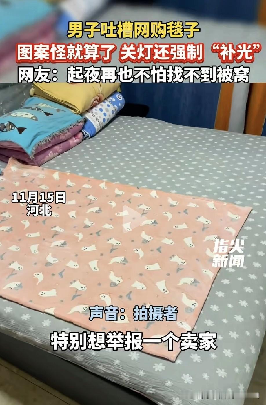 男子吐槽网购毛毯遭遇。他在卖家处选的是方格图案毛毯，结果卖家发错货，发来的是带有