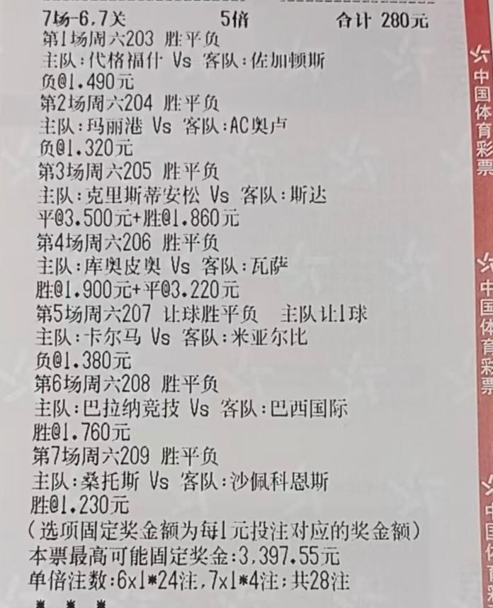 这张彩票有没有中，大家帮忙看一下？这是一张投注总额为280块的票，这个年成，这