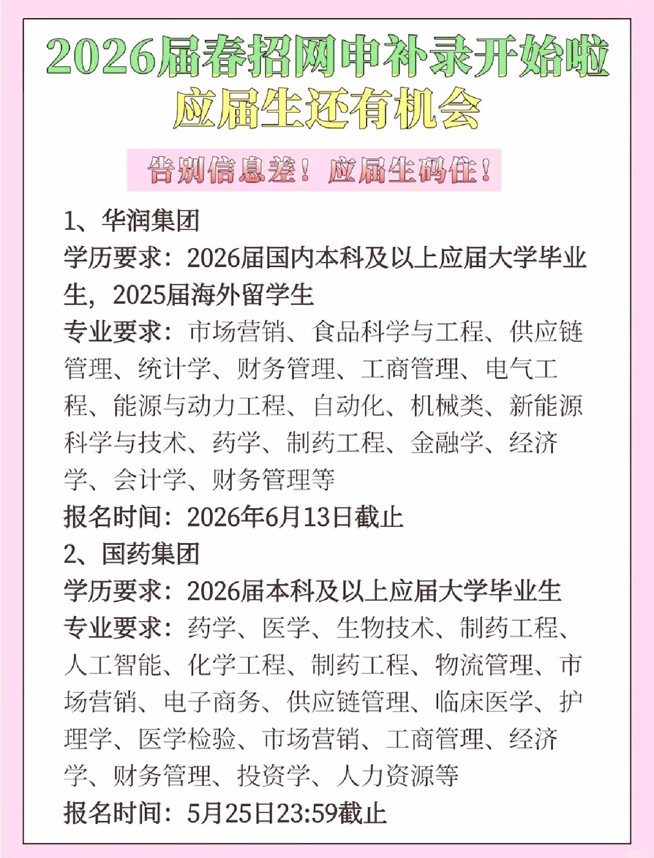同学们，华润集团和国药集团2026春招还没截止，千万别等到六月份才想起来投简历，
