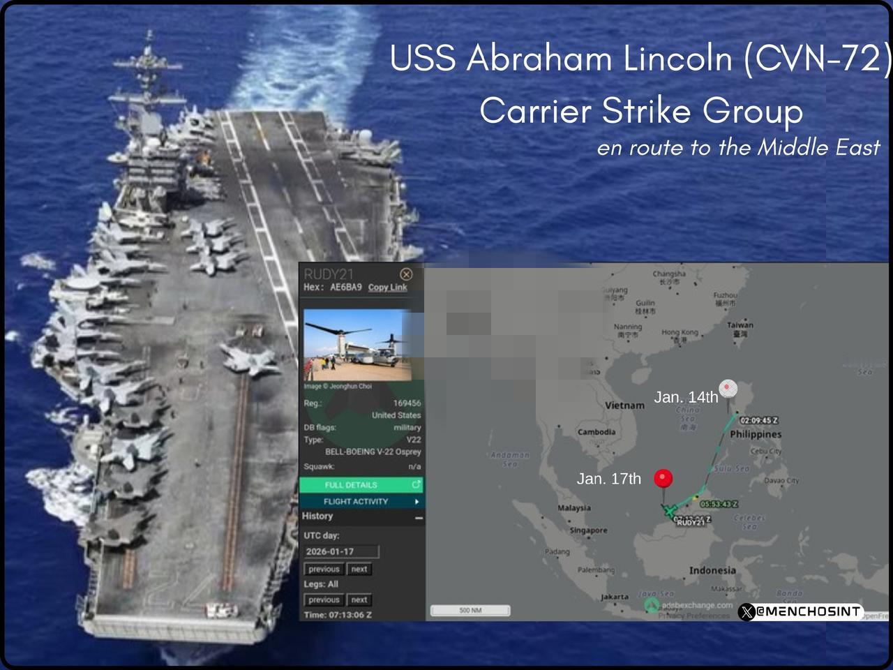 当地时间2026年1月17日，根据最新的世界航行航线系统的数据，据称可能前往中东