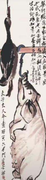 1926年齐母病逝。齐白石让27岁的李苦禅画了猪和鸭子予备烧掉祭祀母亲；谁知在齐
